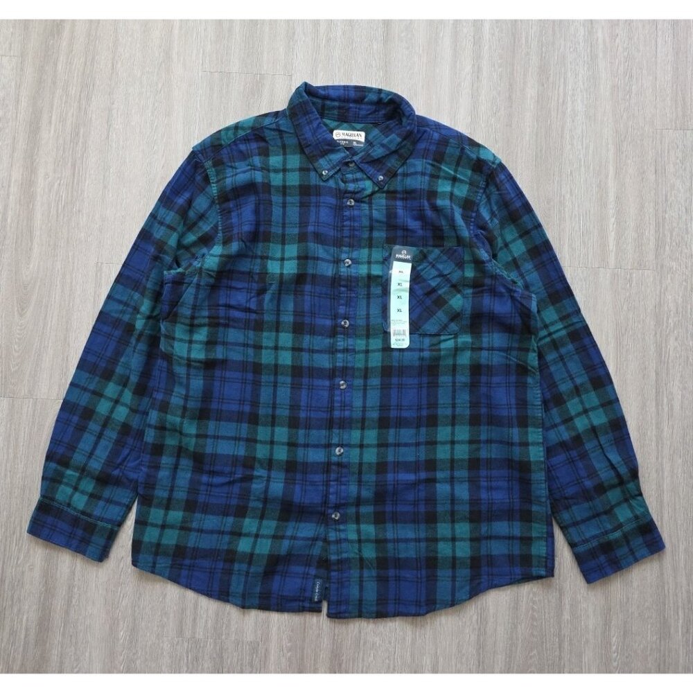 Magellan Outdoors Mens XL Canyon Creek Flannel Shirt Blue Green Plaid Cotton